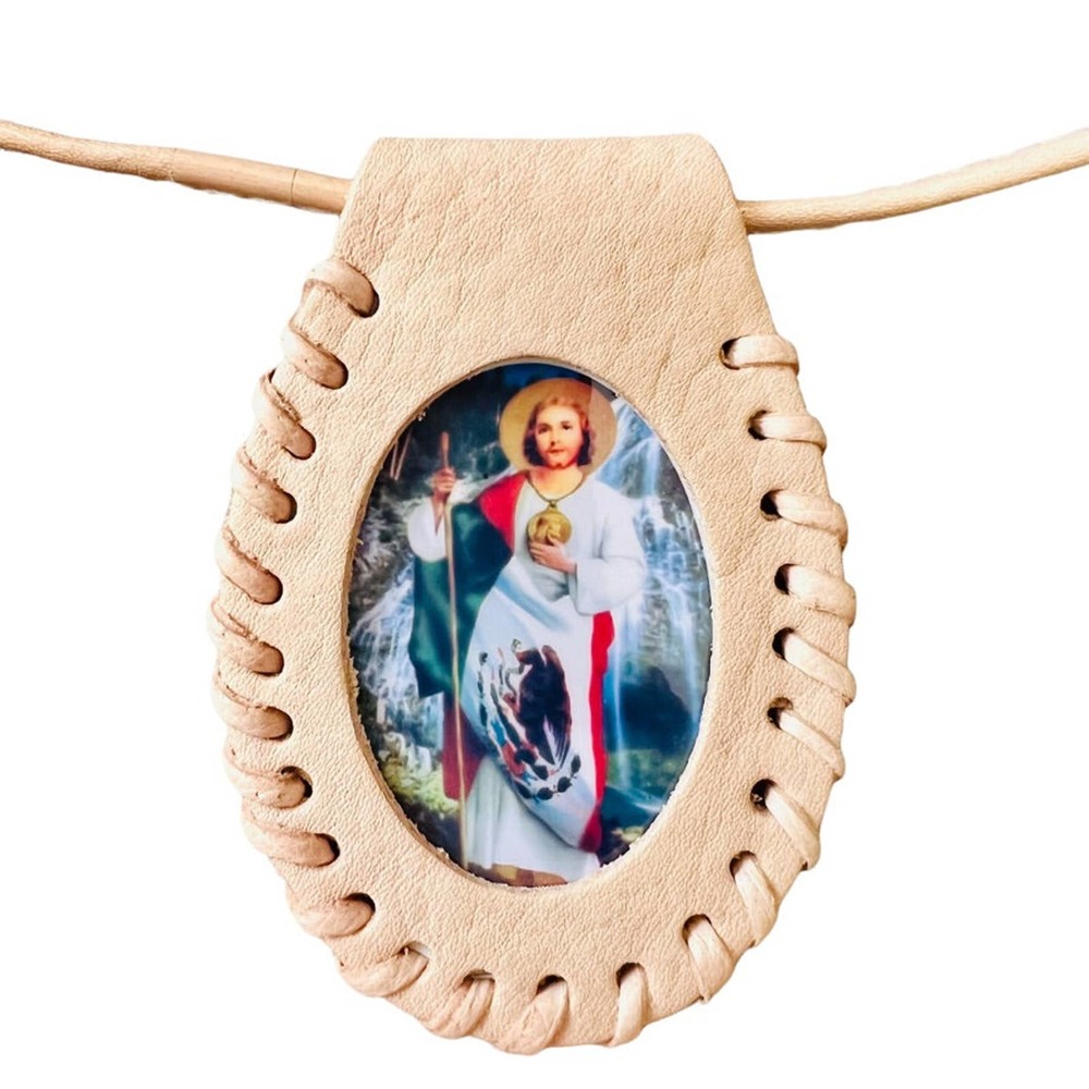 St Jude Scapular Necklace Leather Handmade Saint Rosary Cream NEW